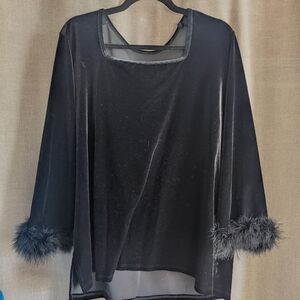 Black Velvet Top with Feather Cuffs